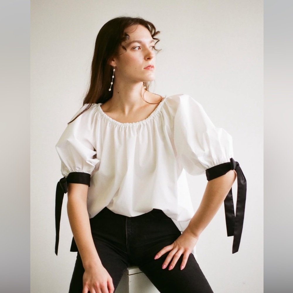 Eliza Faulkner Sally Blouse — White Cotton Puff Sleeve Top with Black Bows